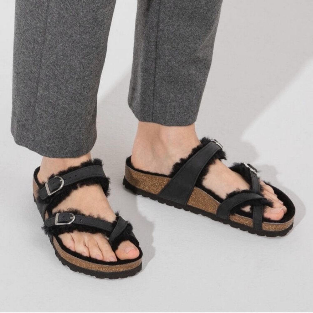 NWOT BIRKENSTOCK Mayari Shearling Natural Leather Oiled Black Size 39 MSRP $160 - Picture 14 of 15